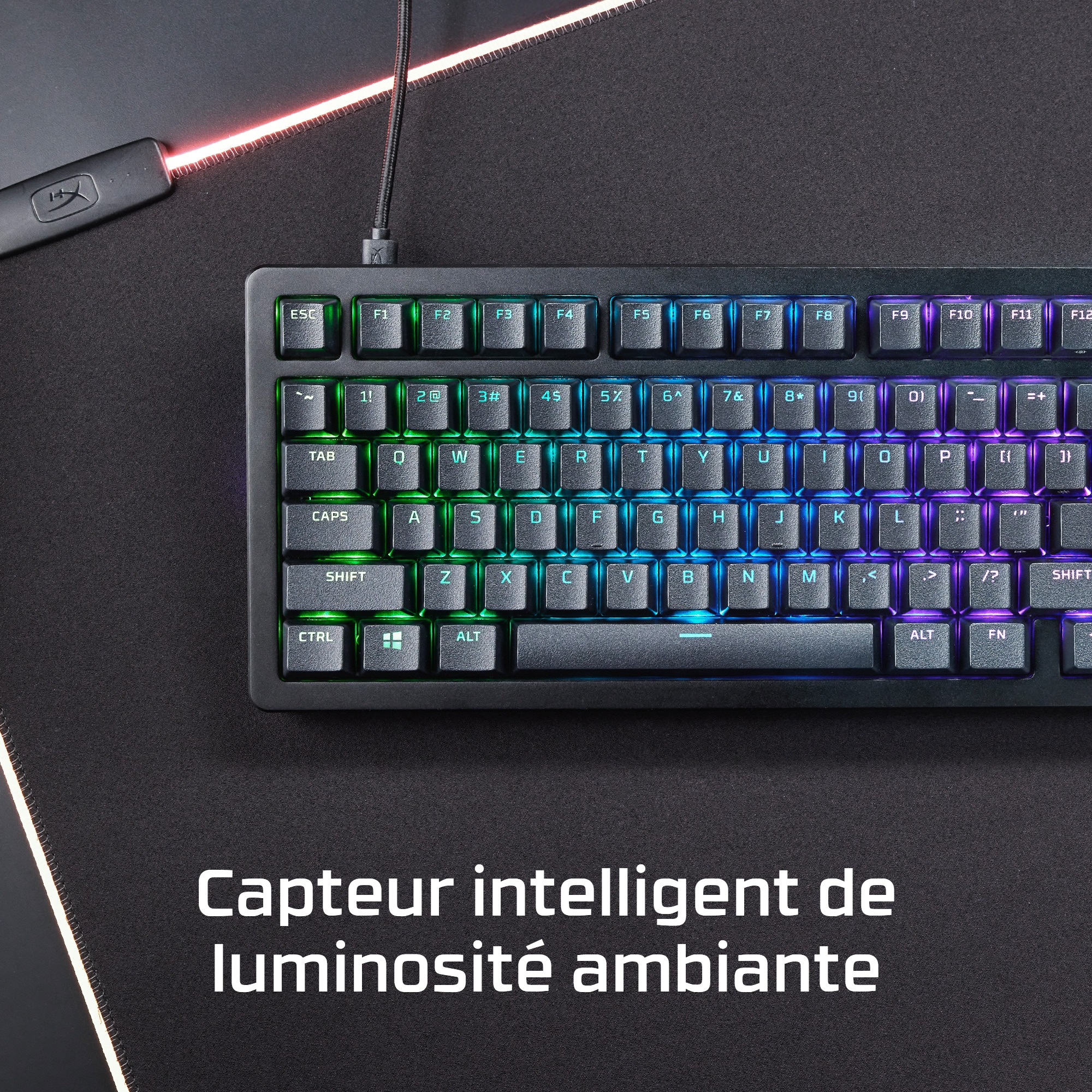 Keyboard with illuminated keys. Green, blue and purple lights. A mouse is to the top left.