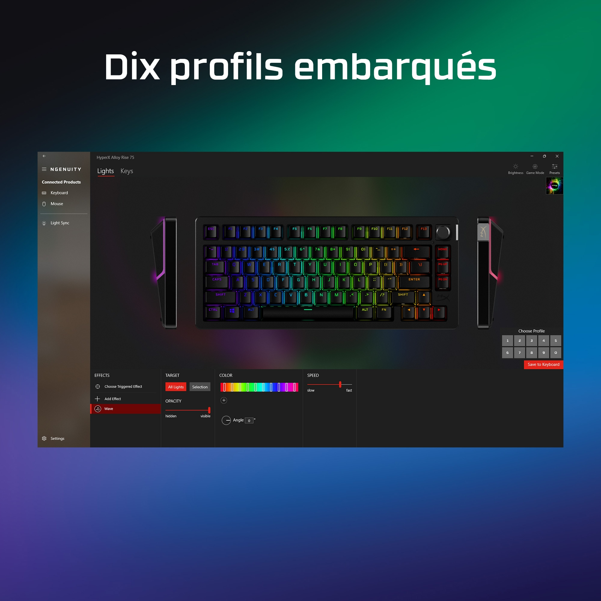 Gaming keyboard with colorful lights, a screen shows customization options for different effects.