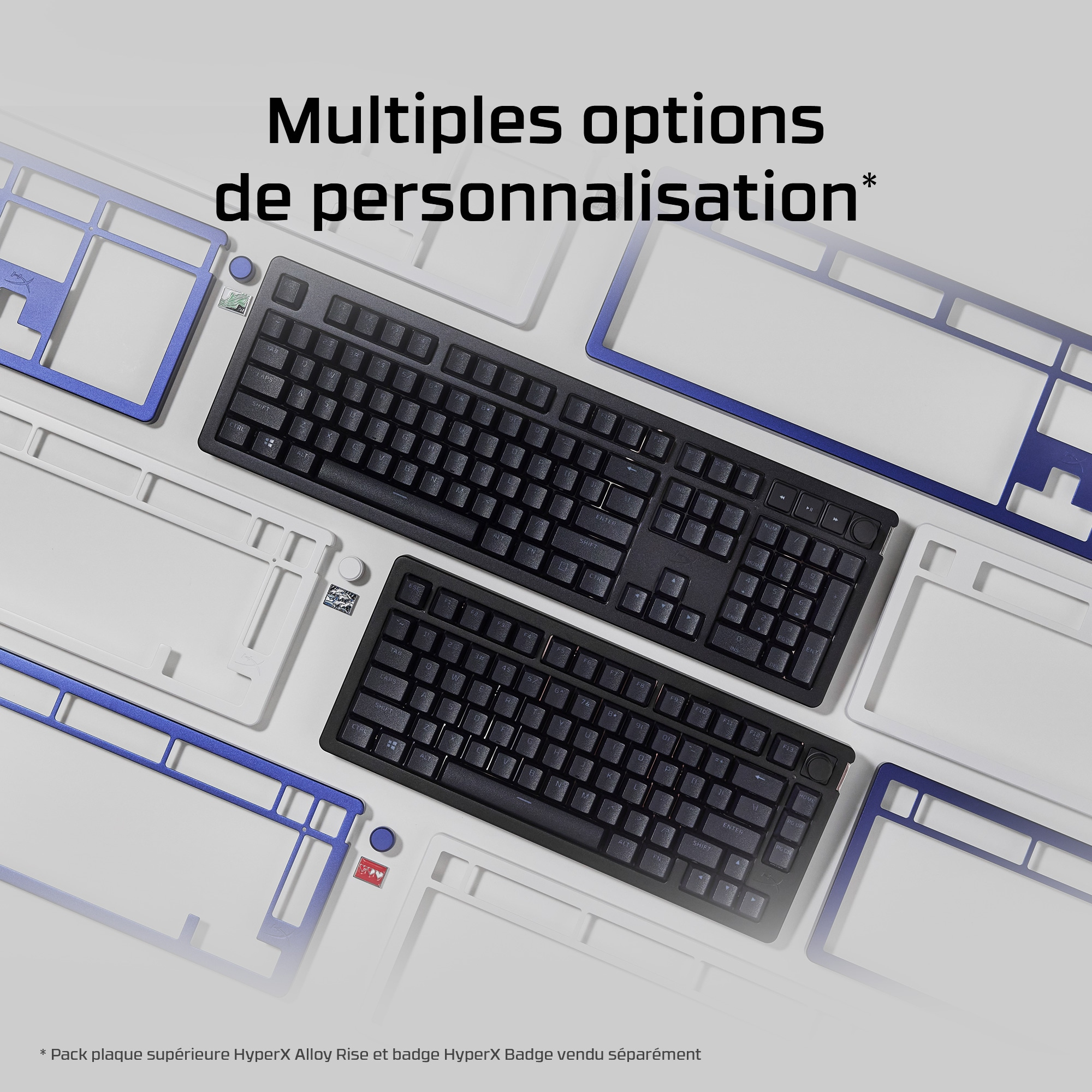 Two black keyboards with customizable frames. White and blue frames. White background.