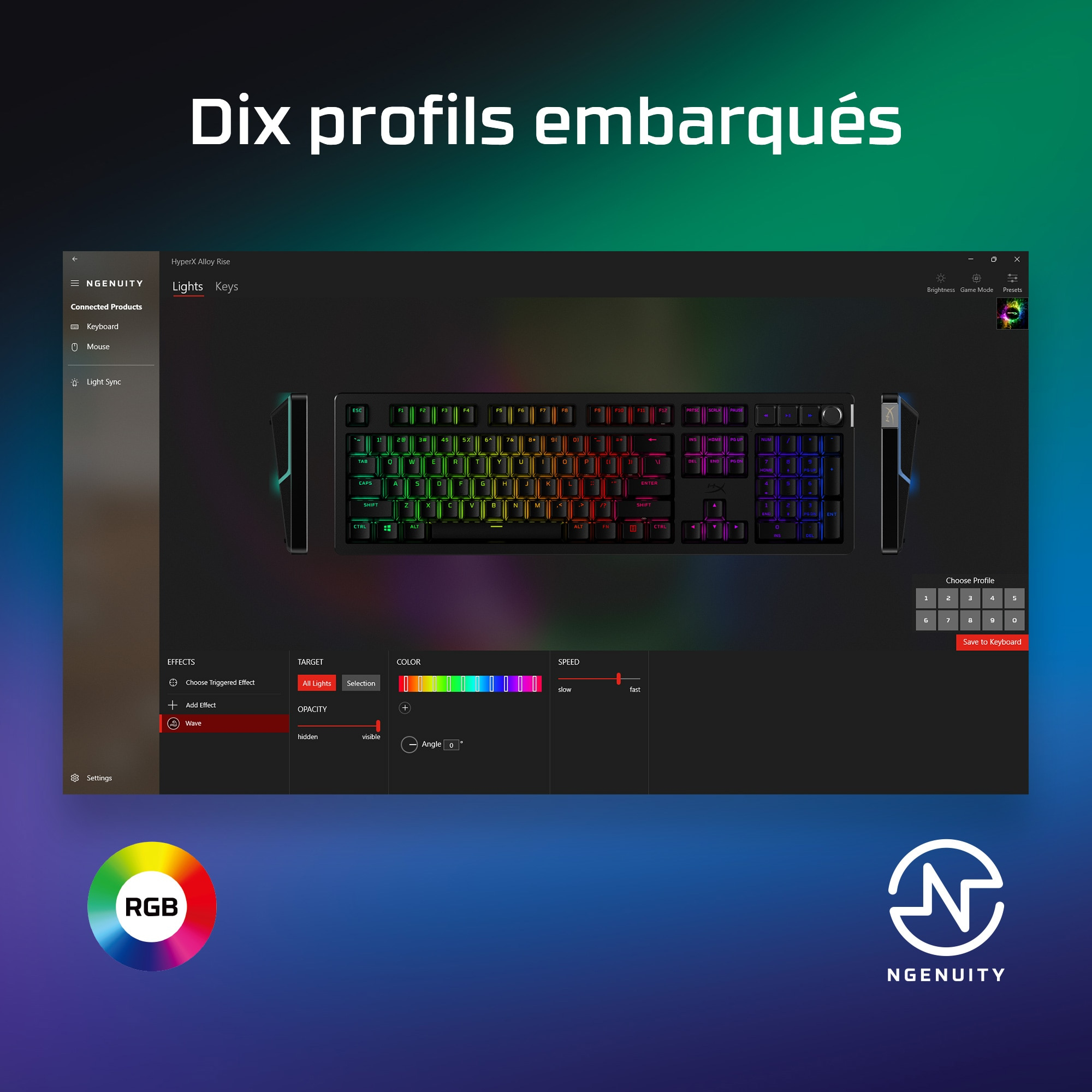 Een computerscherm met toetsenbordaanpassingsopties en RGB-verlichting.