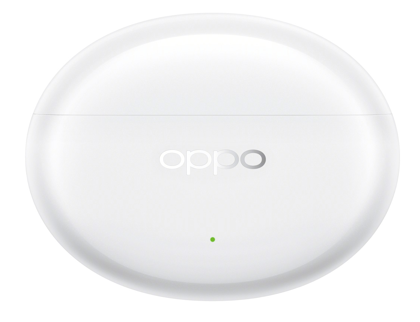 Białe, okrągłe etui na słuchawki Oppo z logo marki i zielonym światłem.