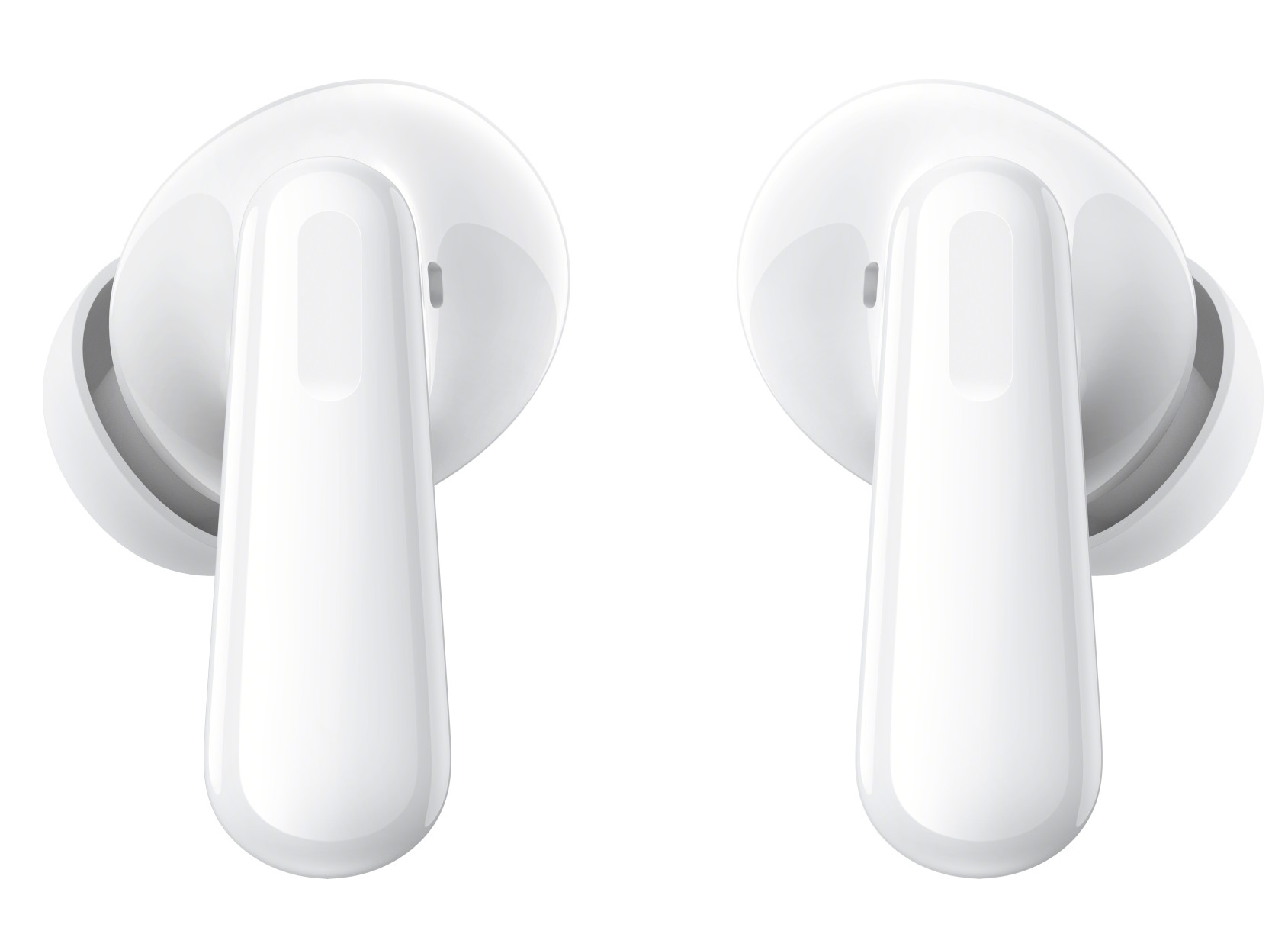 Para białych bezprzewodowych słuchawek dousznych. Są na białym tle.