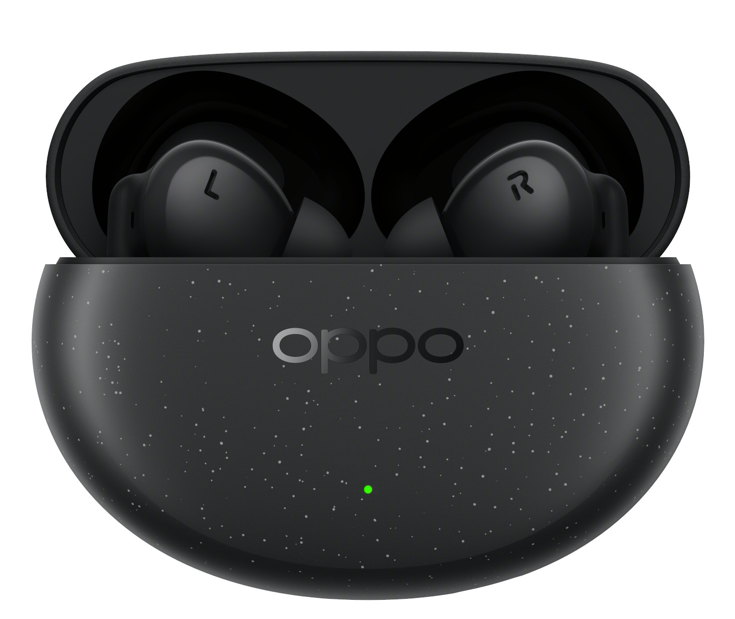 Czarne słuchawki Oppo w etui. Etui jest otwarte.