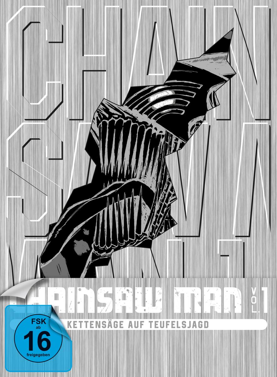 Manga-Cover in Silber und Schwarz. Der Titel lautet 'CHAINSAW MAN', mit japanischem Text.