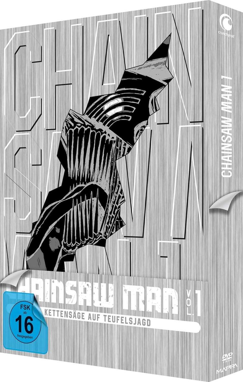 DVD-Boxset: Chainsaw Man Vol. 1. Silberner Hintergrund, Anime-Charakter-Illustration.