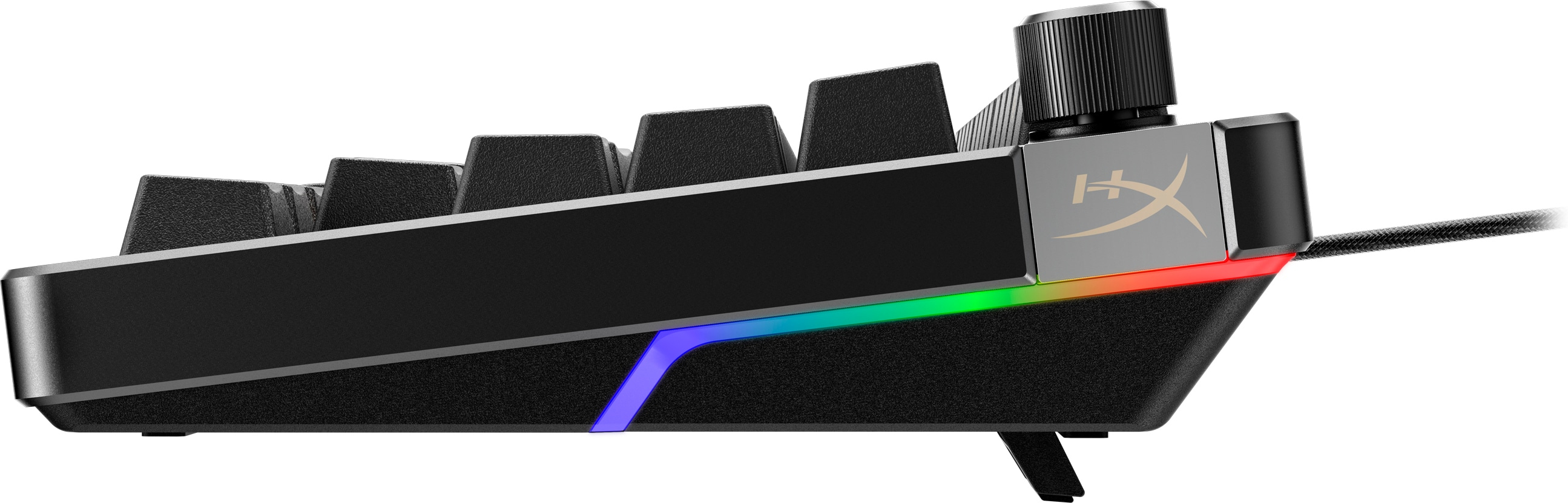 Side view of a black HyperX keyboard with a volume knob and RGB lighting on the side.