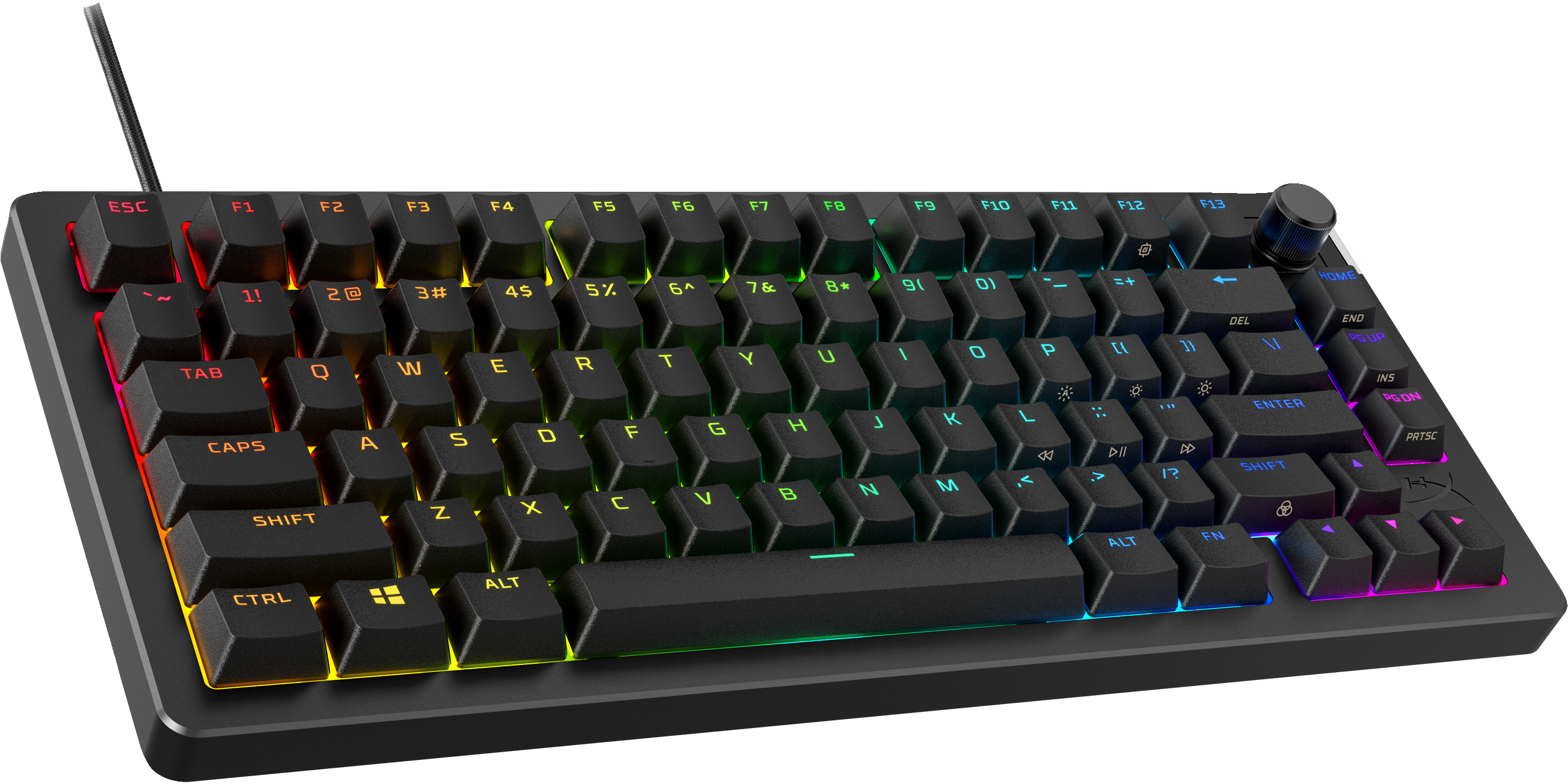 A black keyboard with rainbow backlighting. It has many keys and a volume knob.