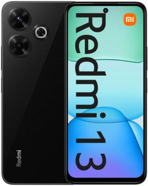 Czarny smartfon Redmi 13, widok z tyłu i z przodu. Tył ma dwa aparaty i logo Redmi.