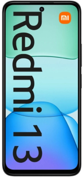 Smartfon, czarny, model Redmi 13 z gradientowym niebiesko-zielonym tłem.