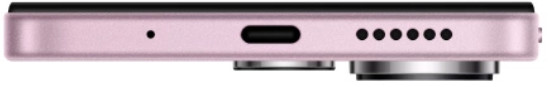 Zbliżenie na dół różowego smartfona. Posiada port USB-C i otwory na głośniki.