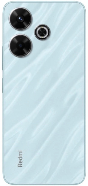 Jasnoniebieski tył smartfona z obiektywami aparatu. Logo Redmi, zakrzywiona konstrukcja.