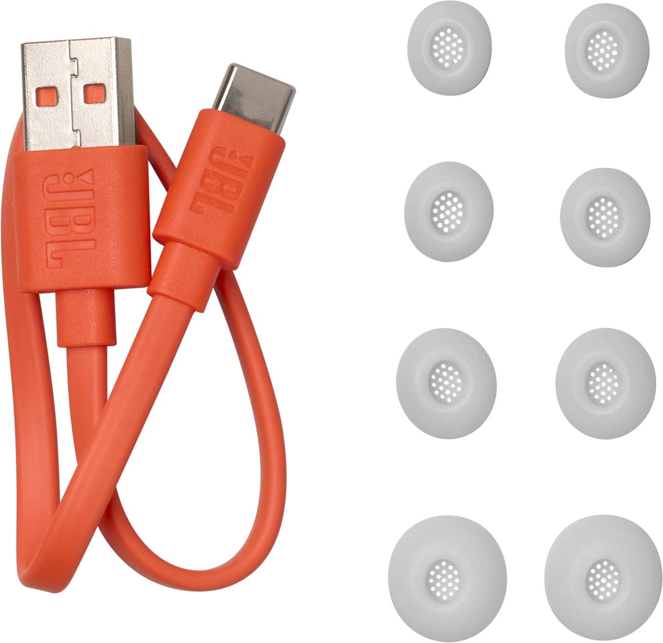 Oranges USB-zu-USB-C-Kabel und weiße Ohrhörerspitzen auf schwarzem Hintergrund.