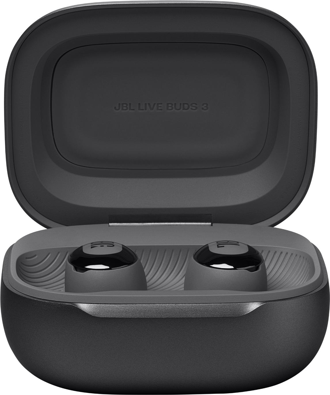 Ein Paar schwarze Ohrhörer in einem grauen Ladeetui, mit dem Namen JBL LIVE BUDS 3 oben.
