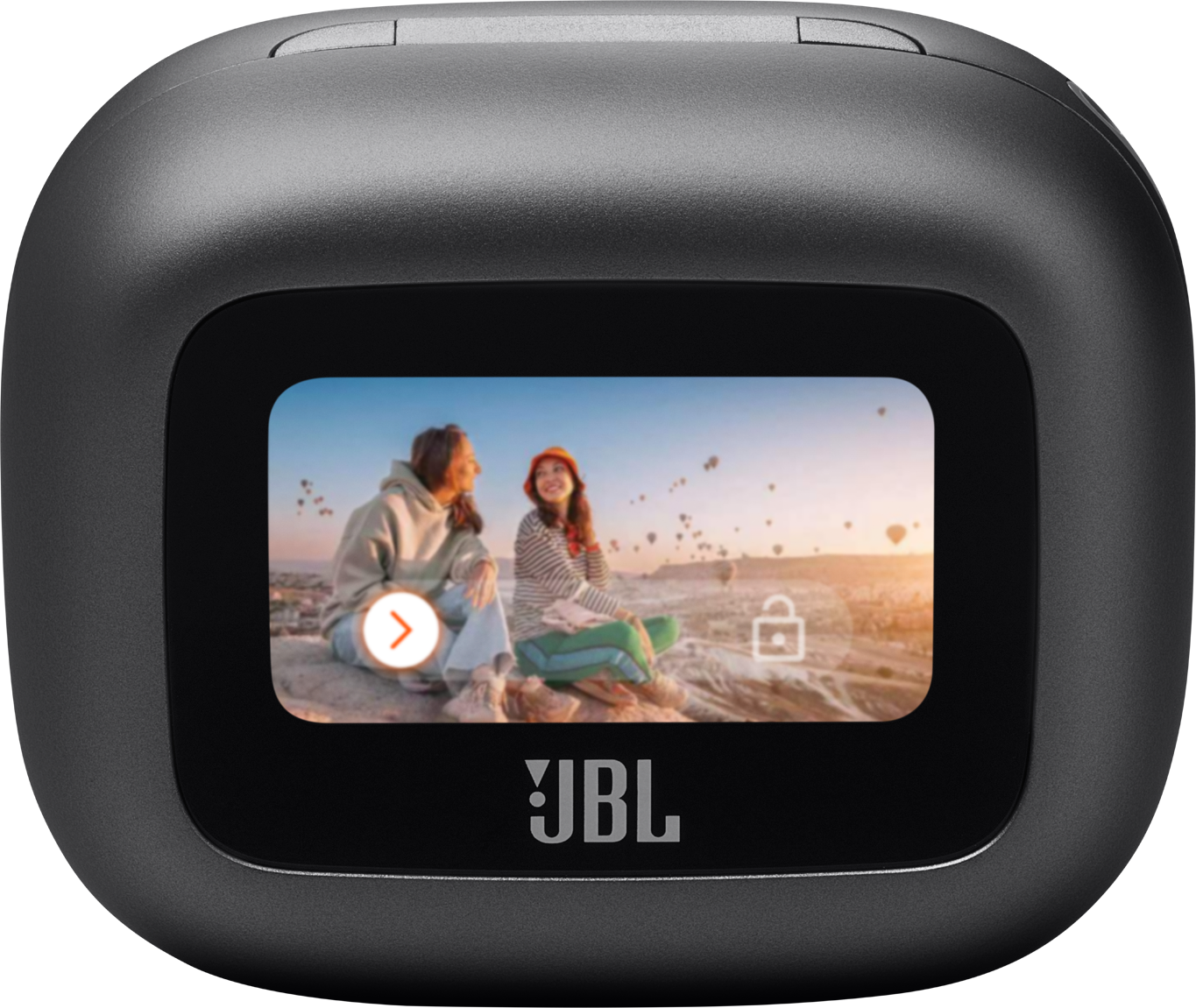 Schwarze JBL-Kamera mit Bildschirm. Zwei Personen auf dem Bildschirm, Heißluftballons im Hintergrund.
