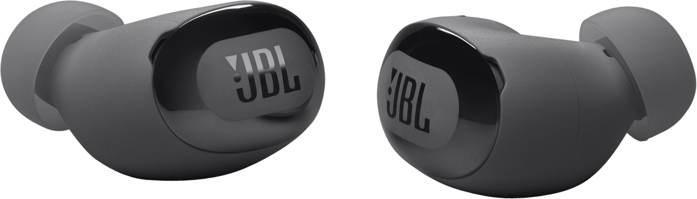 Zwei graue JBL-Ohrhörer mit dem JBL-Logo werden auf schwarzem Hintergrund angezeigt.
