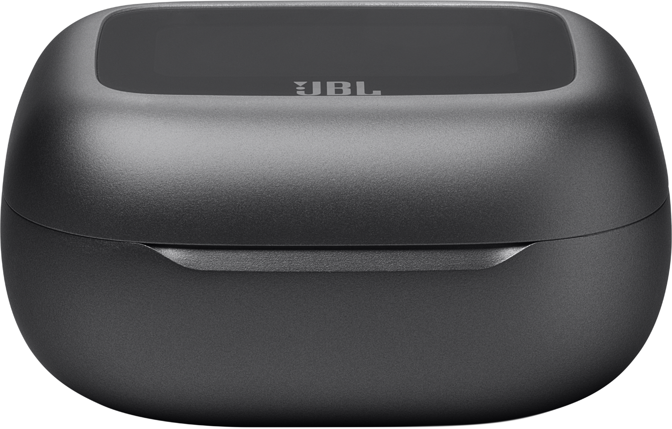 Geschlossenes schwarzes JBL-Kopfhörer-Ladecase. Schwarzes Gehäuse mit gebogenem Design.