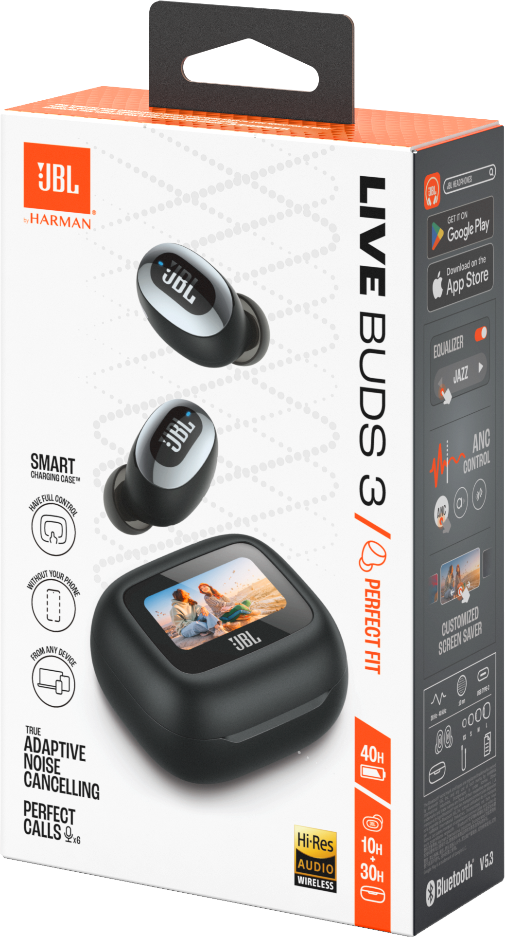 Verpackung für Ohrhörer und Ladecase. Funktionen umfassen True Adaptive Noise Cancelling.
