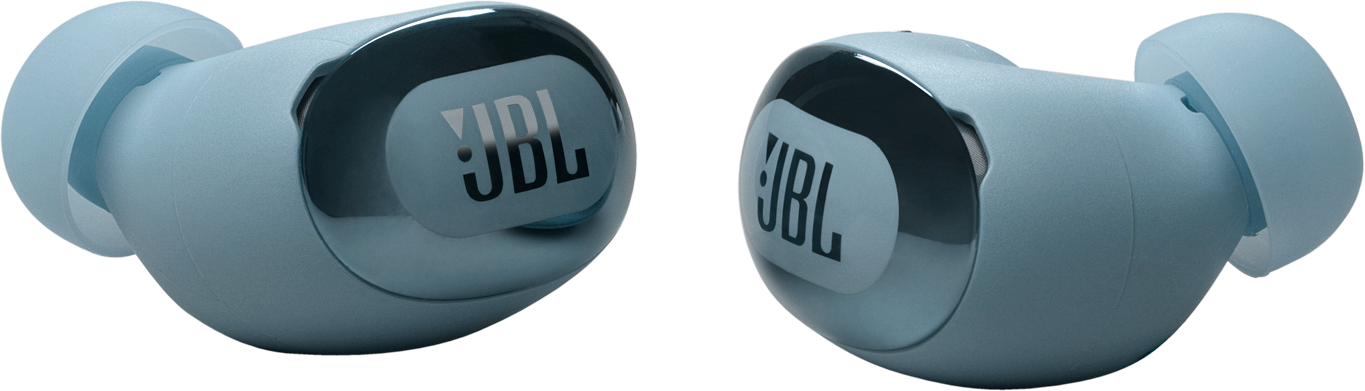 Zwei blaue JBL-Ohrhörer, die das JBL-Logo zeigen.