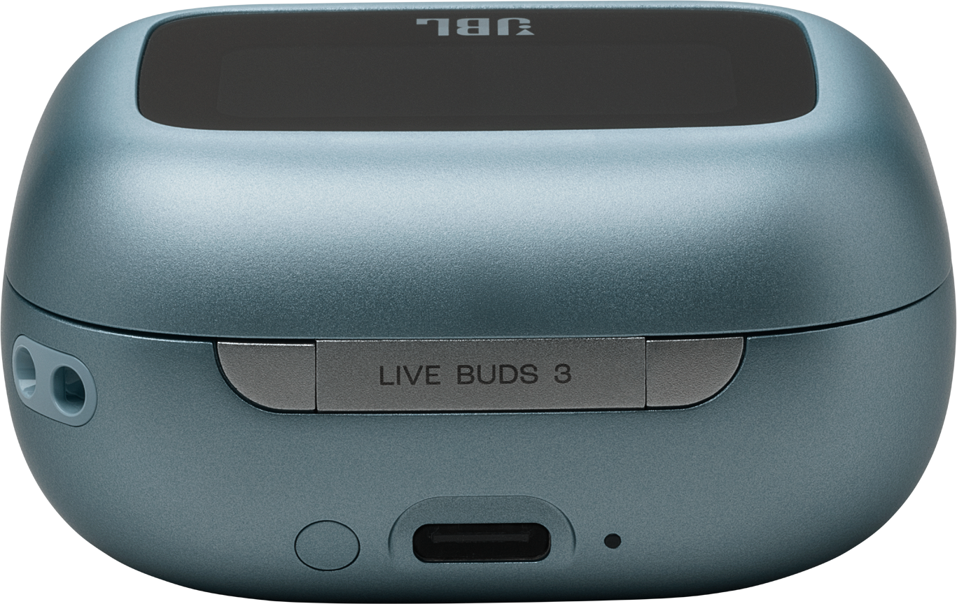 Blaue Ohrhörerhülle mit dem Text "LIVE BUDS 3" auf einem silbernen Balken.