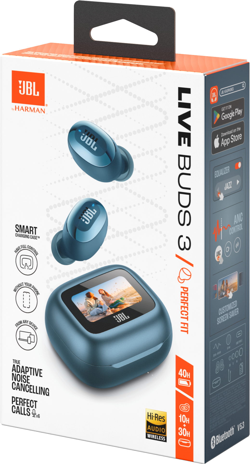 JBL Live Buds 3-Box zeigt Ohrhörer und Ladecase. Funktionen: Geräuschunterdrückung, Hi-Res Audio.