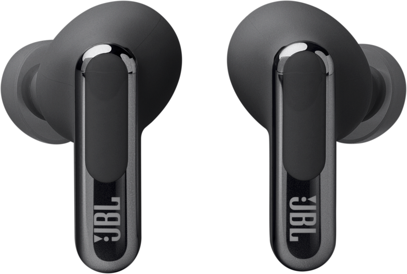 Paar graue JBL-Wireless-Ohrhörer vor schwarzem Hintergrund.