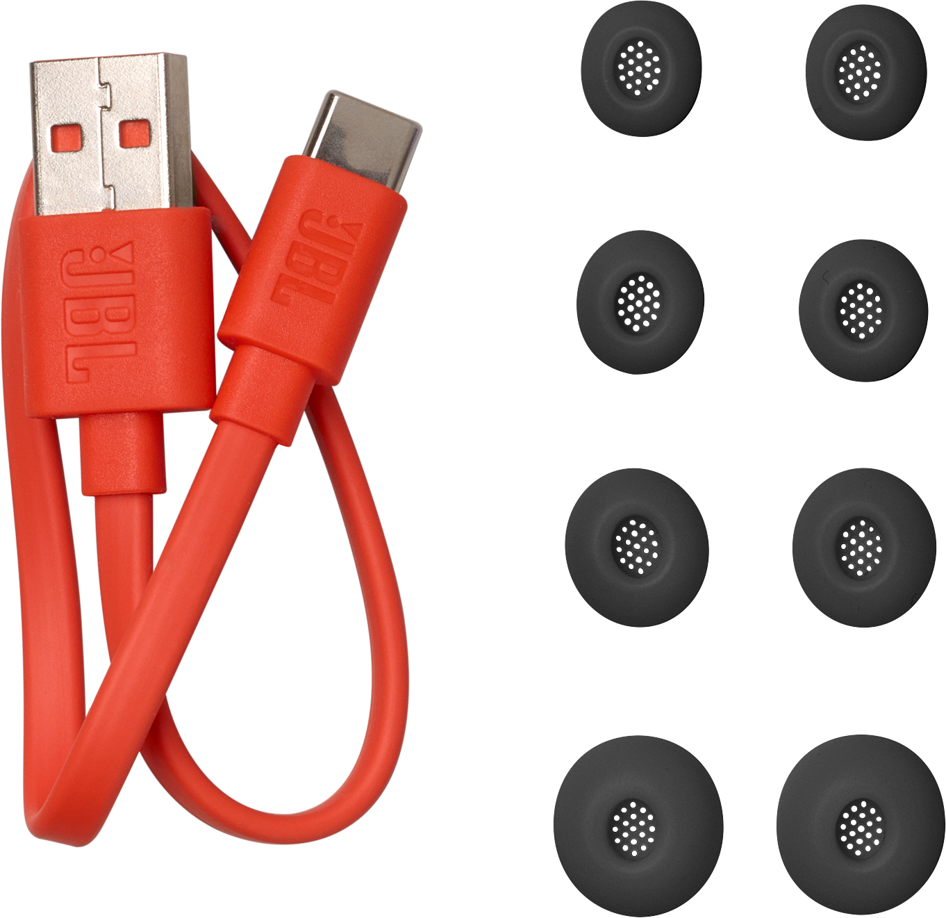 Oranges JBL USB-C-Kabel und graue Ohrhörer mit Silikon-Aufsätzen auf weißem Hintergrund.