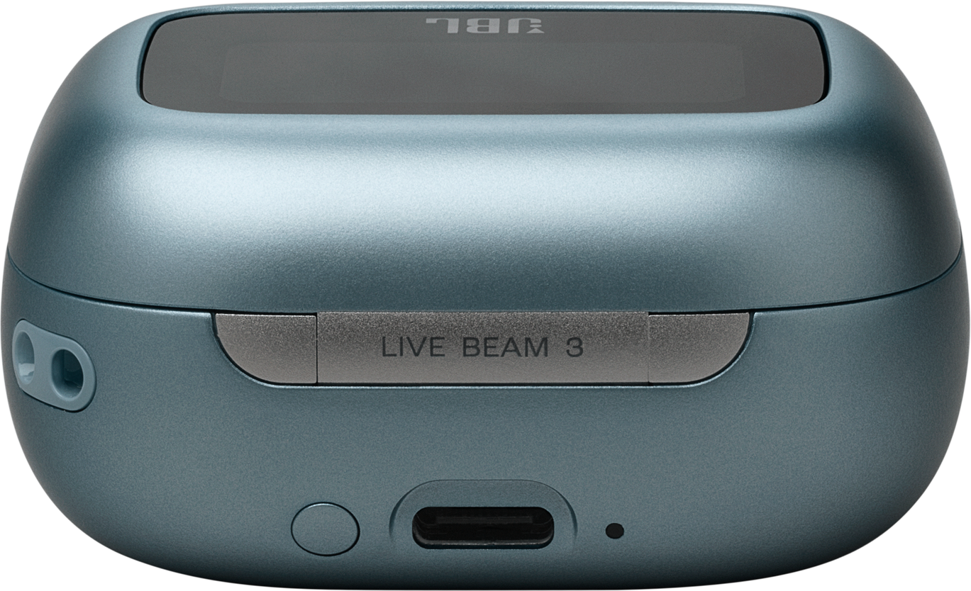 Ein teal-farbenes JBL-Ladecase mit Taste und USB-C-Anschluss.