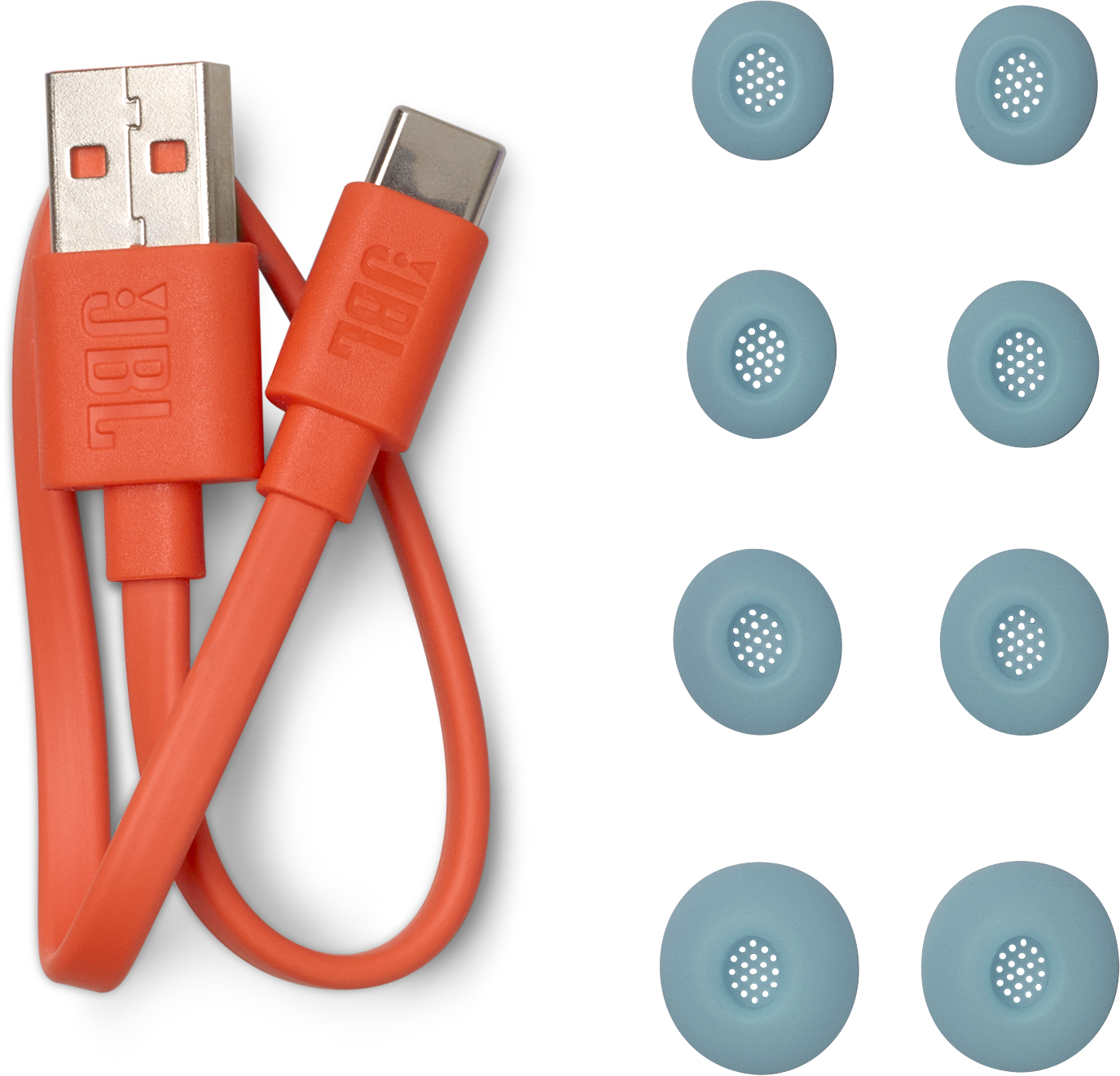 Ein Ladekabel und Ohrstöpsel für Ohrhörer auf schwarzem Hintergrund. Das Kabel ist orange.