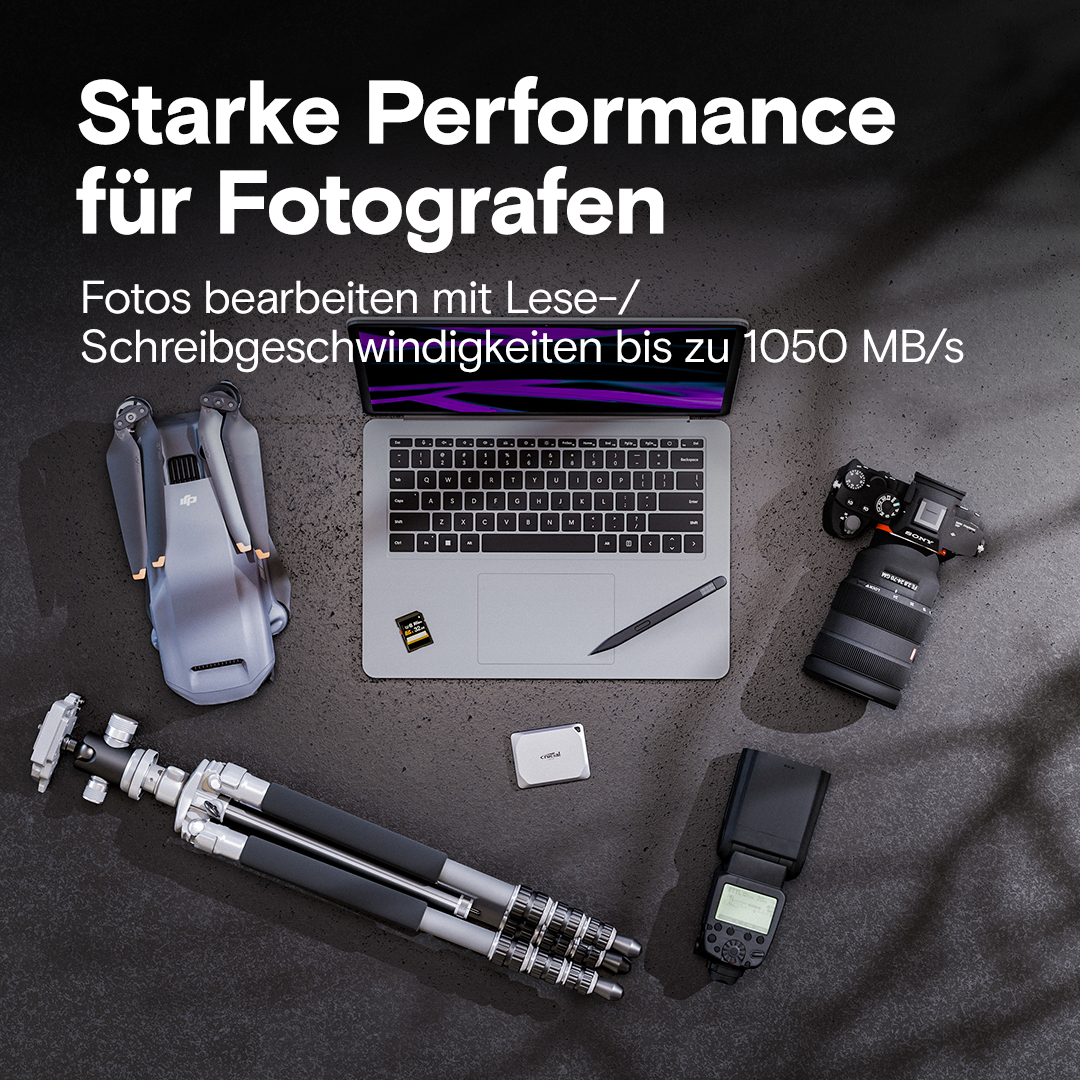 Laptop, Drohne, Kamera und Zubehör auf grauem Untergrund mit Text: "Starke Leistung für Fotografen".