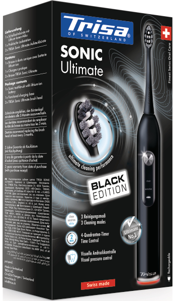 Boîte de brosse à dents Trisa Sonic Ultimate noire avec une brosse à dents noire et blanche.