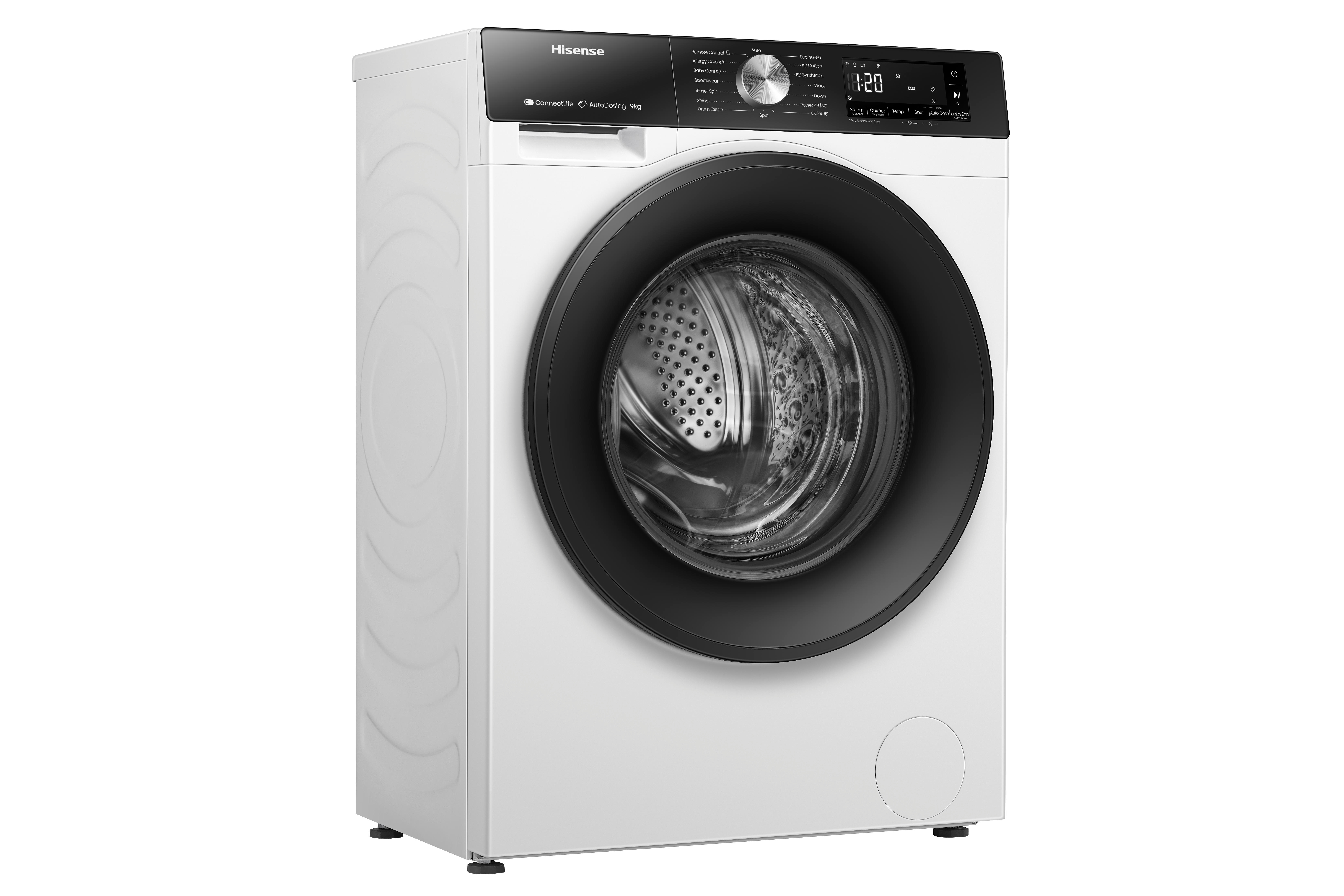 Eine weiße Waschmaschine mit schwarzer Tür, auf weißem Hintergrund dargestellt.