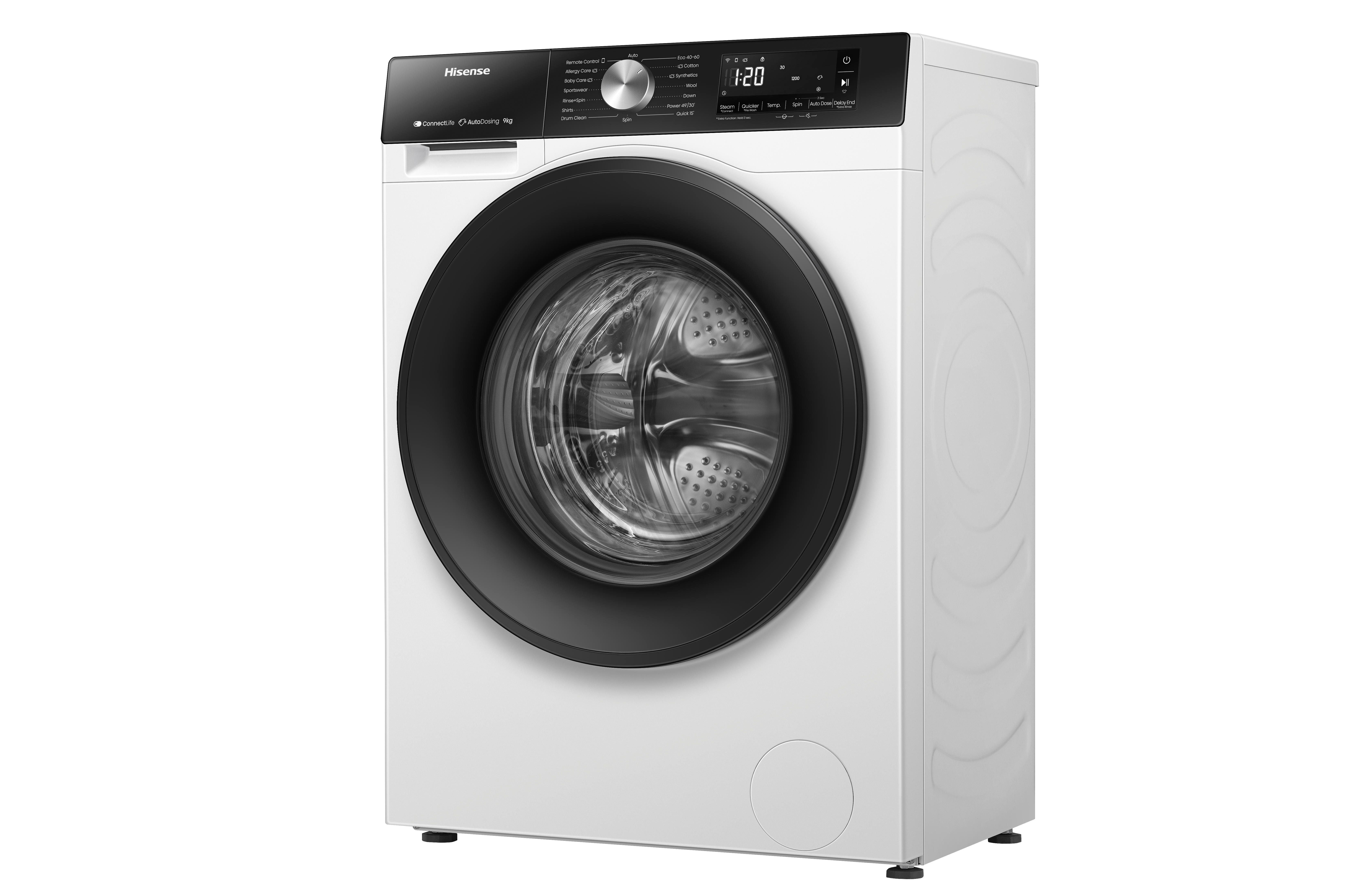 Weiße Hisense Waschmaschine mit schwarzer Tür und Bedienfeld.