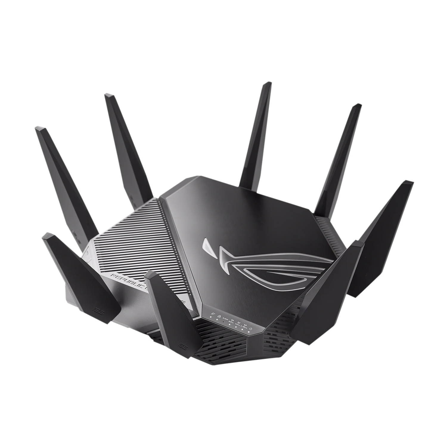 Router nero con antenne multiple. Il logo ROG è visualizzato. Sfondo bianco. Mostra un design tecnologico moderno.