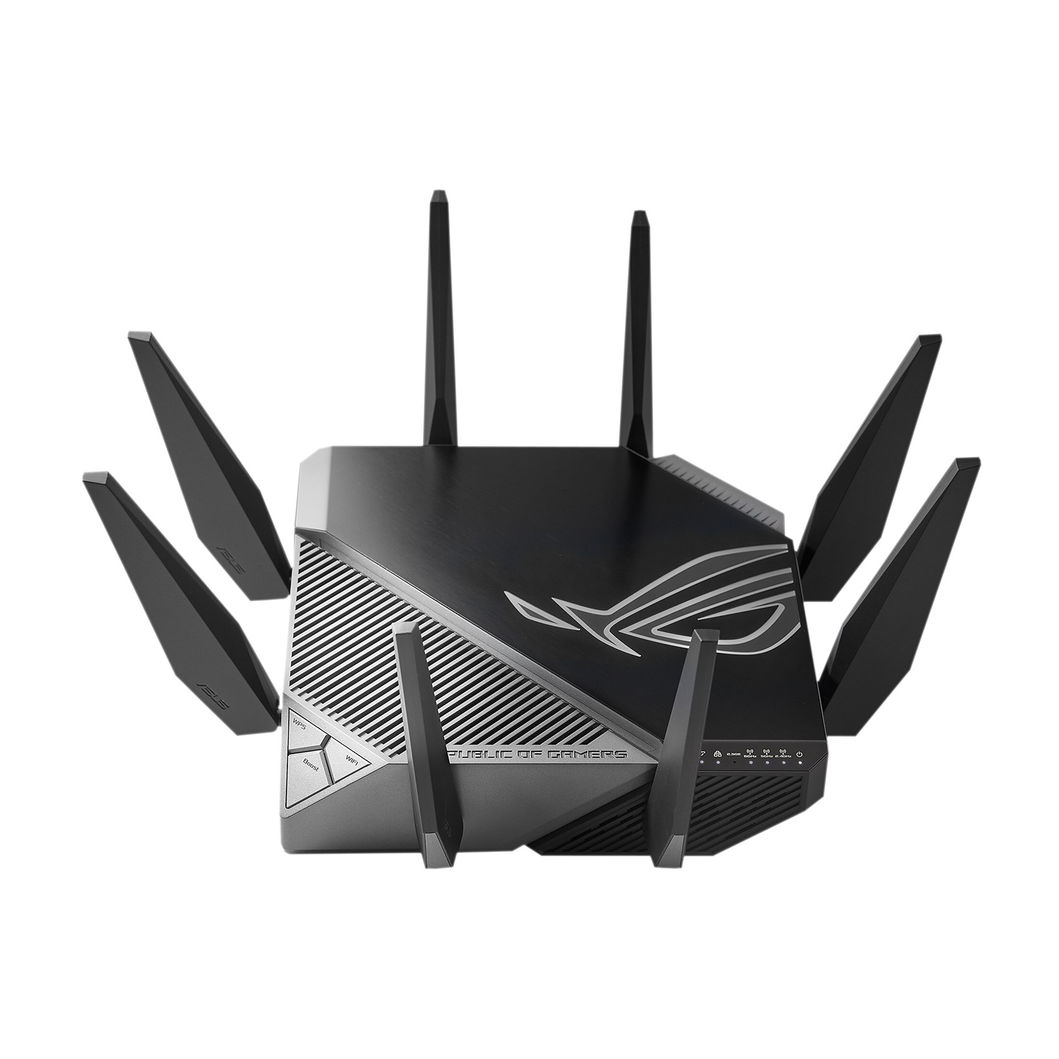 Router nero con antenne su sfondo bianco.