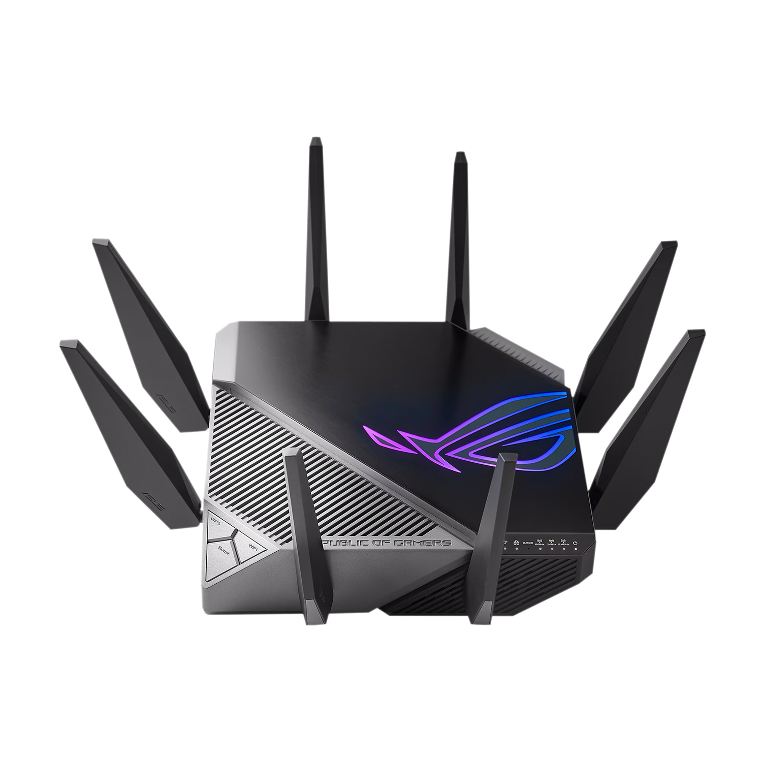 Router nero con antenne multiple, logo ROG e testo Republic of Gamers.