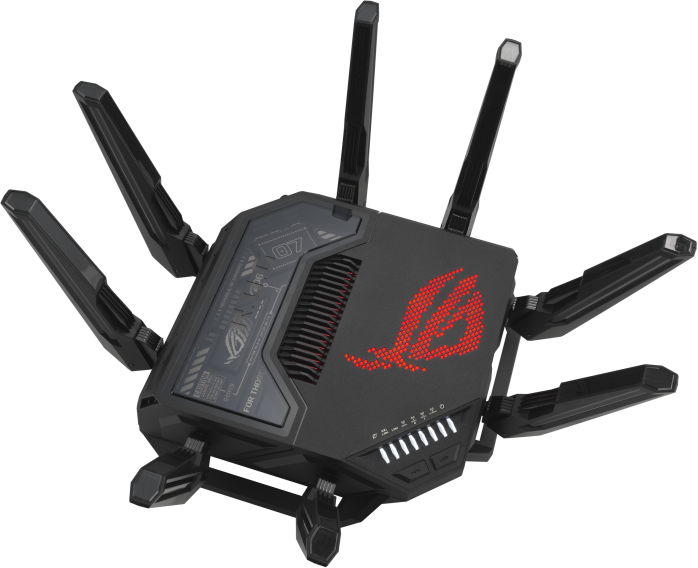 Fekete gamer router több antennával és ROG logóval fekete háttéren.