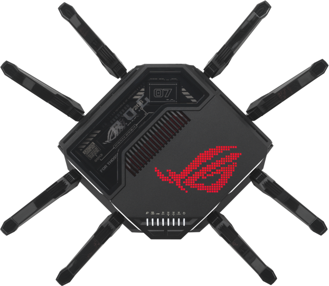 Fekete router antennákkal. Piros logó, fények és egy dizájn a tetején, szöges antennákkal.
