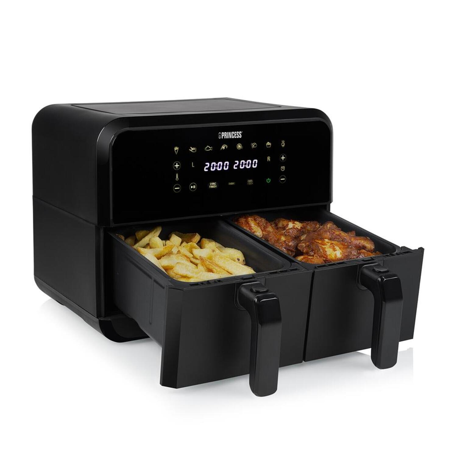 Black air fryer with two compartments, one with fries and the other with chicken wings.