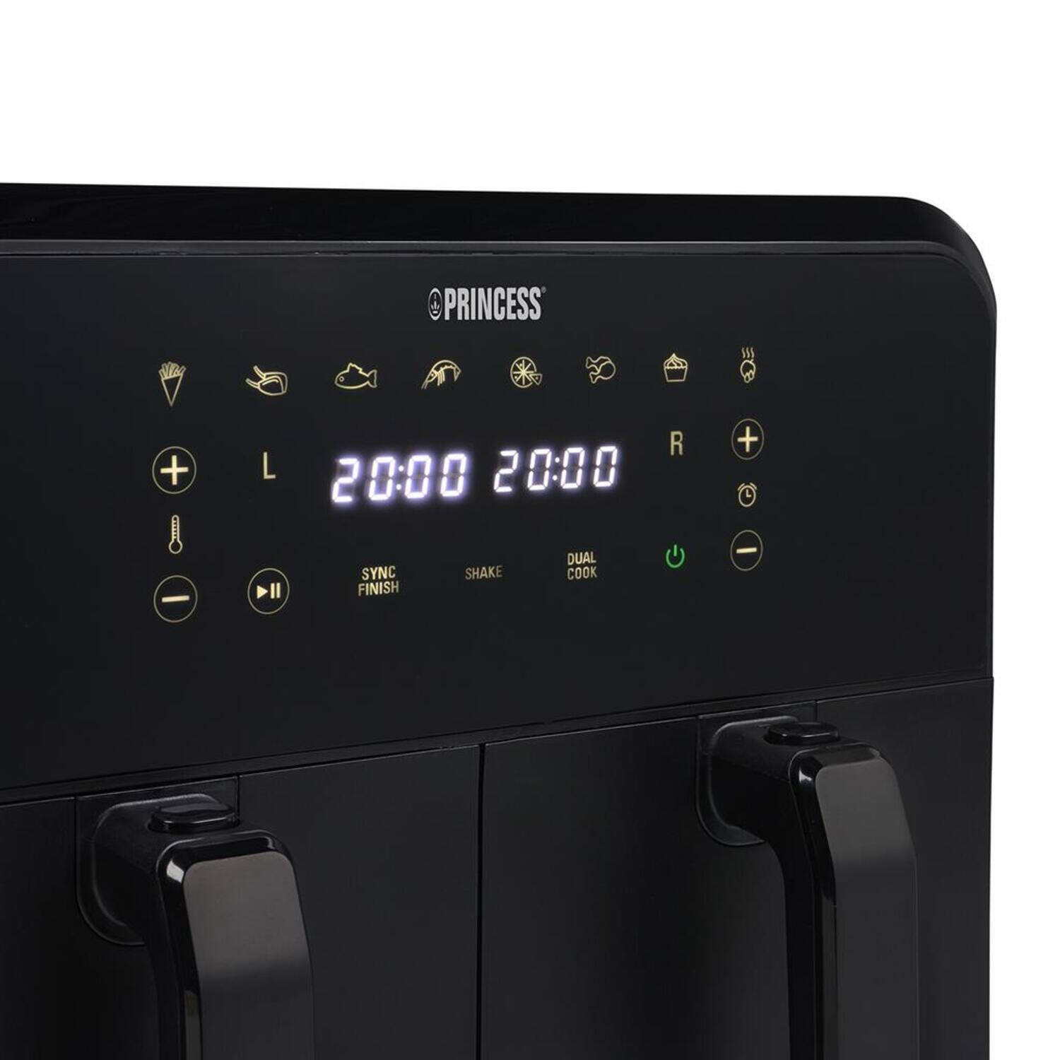 Close-up of an air fryer control panel. Displays time and temperature settings.