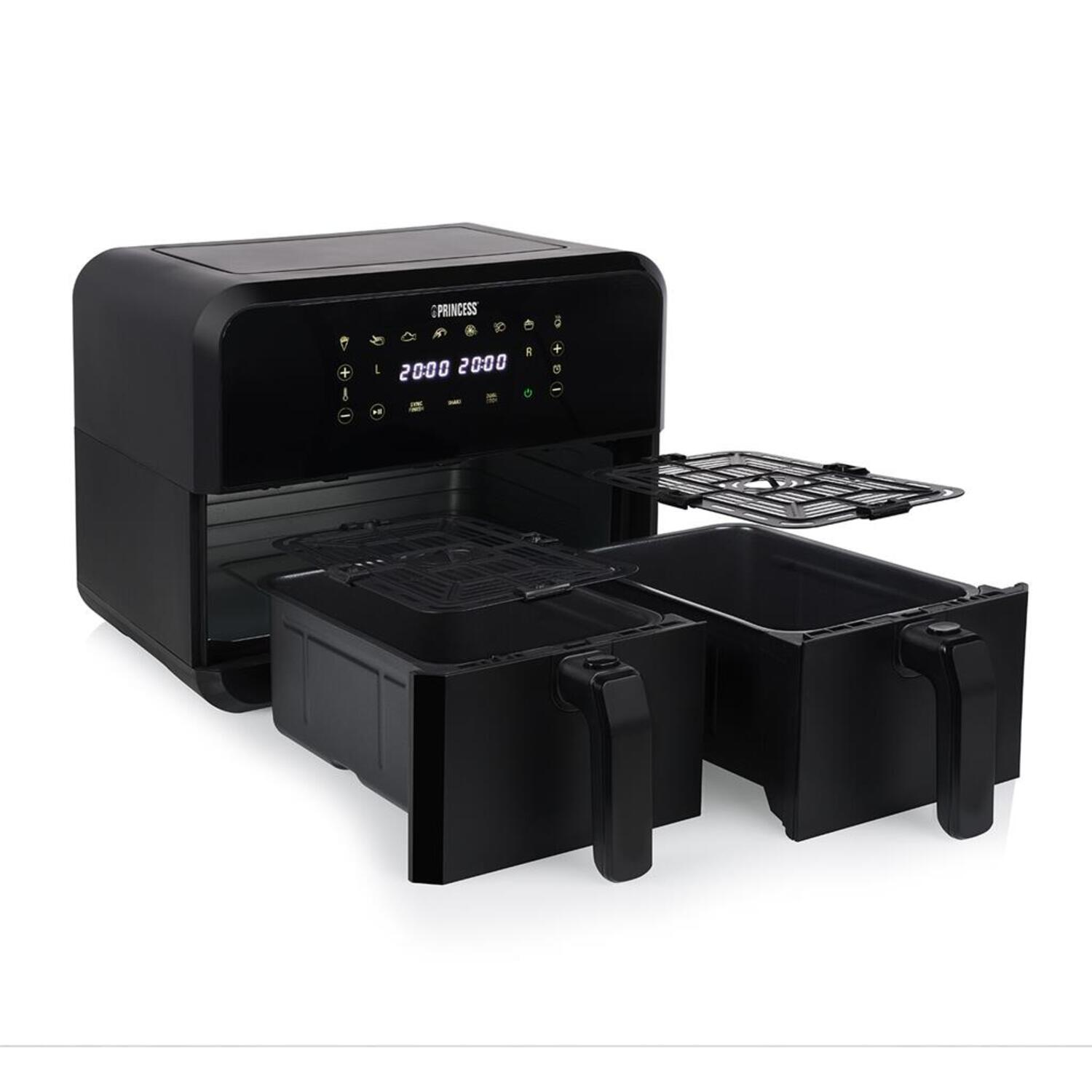 Black air fryer, open with baskets. Display showing time and temperature, handles on the sides.