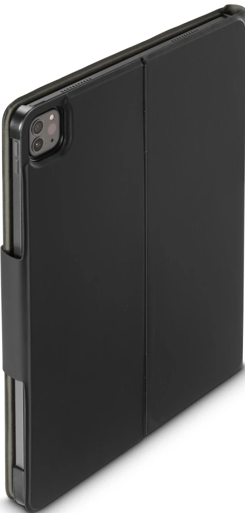 Eine schwarze Tablethülle mit Klappdeckel. Sie ist teilweise geöffnet.