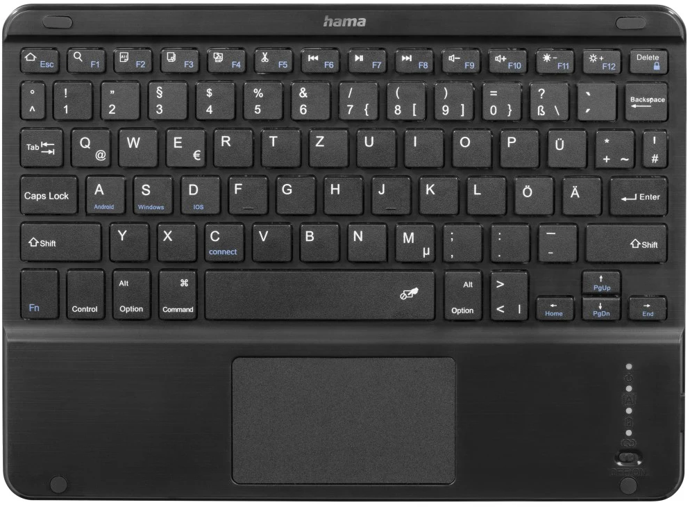 Schwarze Tastatur mit Touchpad. Zeigt die Tasten, inkl. Funktionstasten, und Betriebsanzeigen.