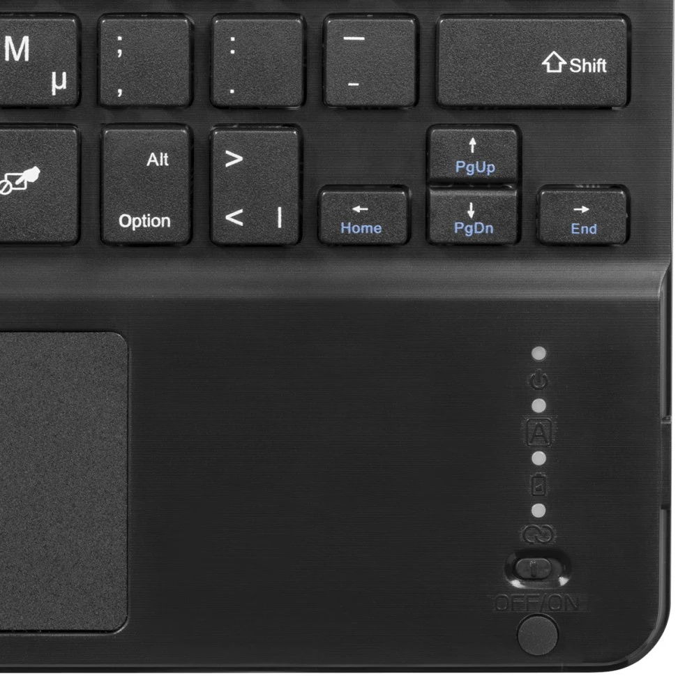 Eine Tastatur mit Tasten und einem Touchpad, die Ein/Aus-Taste und Ladeanzeige.