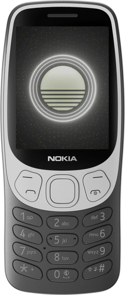 Egy Nokia telefon kör alakú dizájnnal a képernyőn, szürke és fehér testtel.