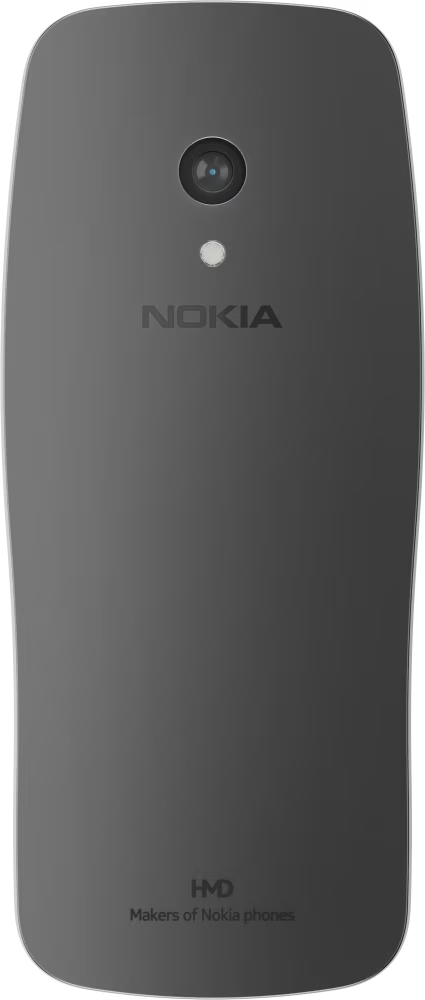 Egy szürke Nokia telefon hátulnézete. A Nokia logója a kamera és a vaku felett van. Sötét háttér.