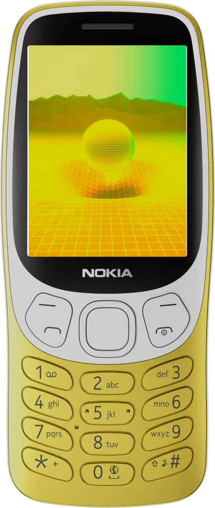 Egy sárga Nokia telefon 3D-s renderelést jelenít meg a képernyőn. Gombok és számok láthatók.