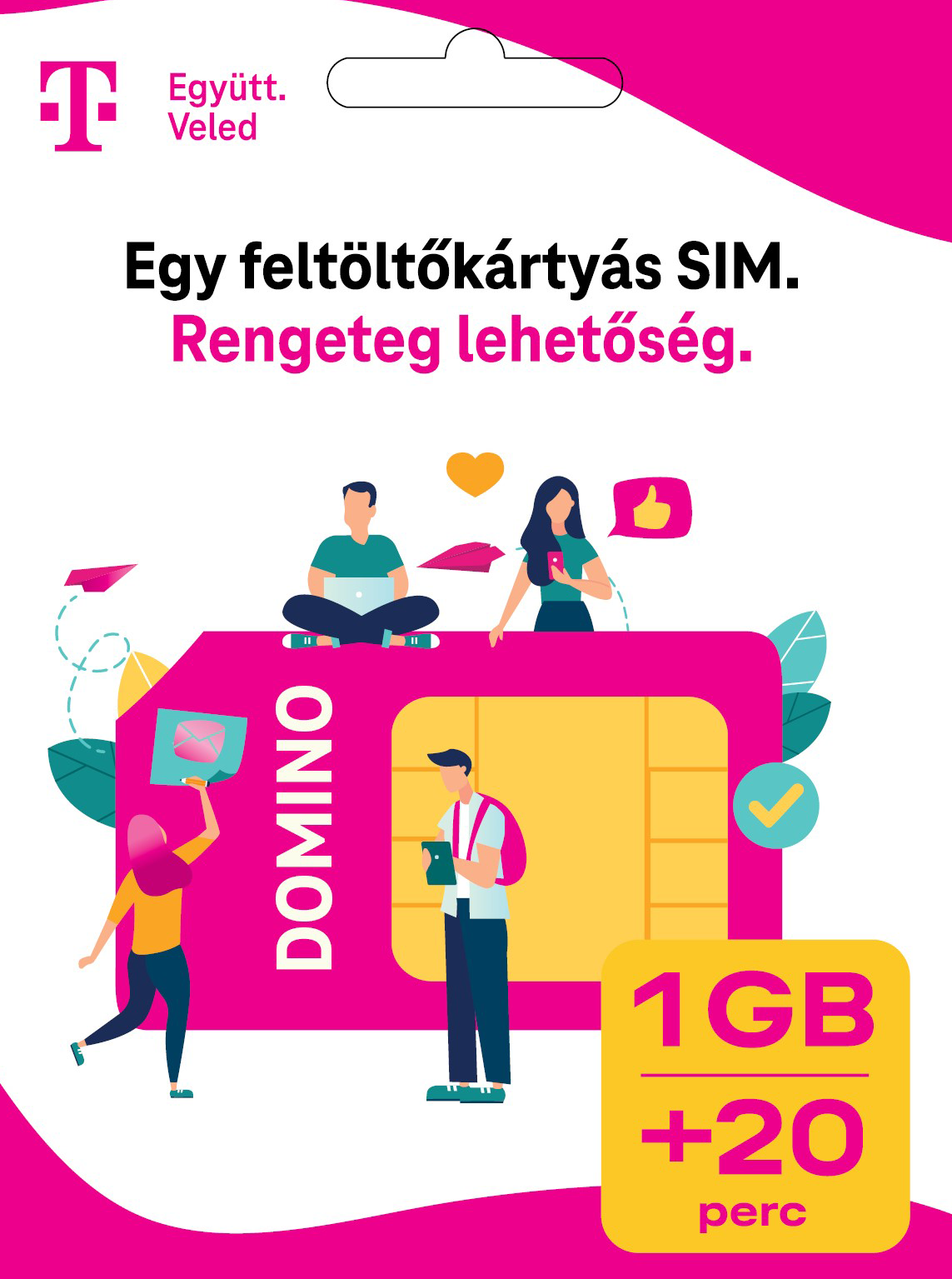 SIM-kártya csomagolás személyillusztrációkkal és szöveggel.