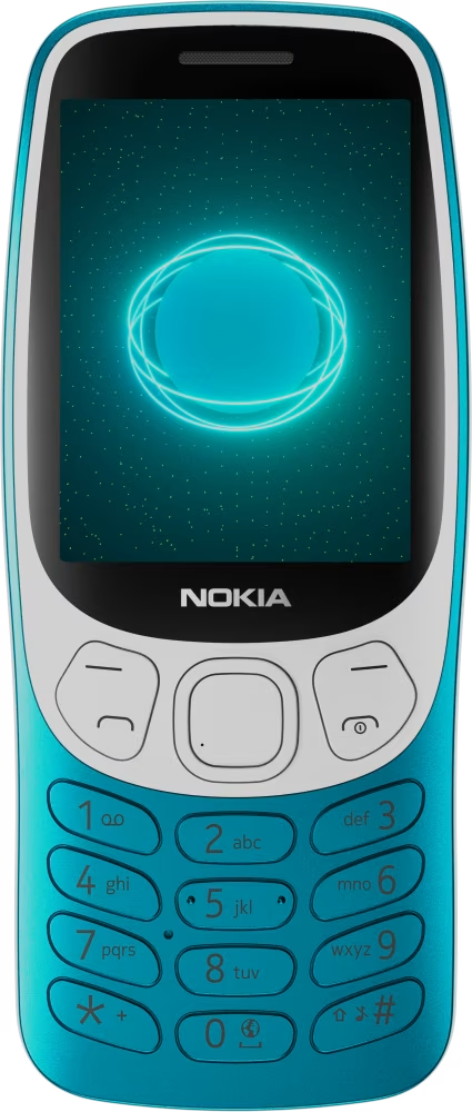 Nokia telefon, türkizkék, egy képernyővel, amely egy világító kék kör dizájnt és fehér gombokat mutat.