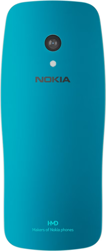 Türkiz Nokia telefon hátulról, kamerával és Nokia/HMD logókkal.