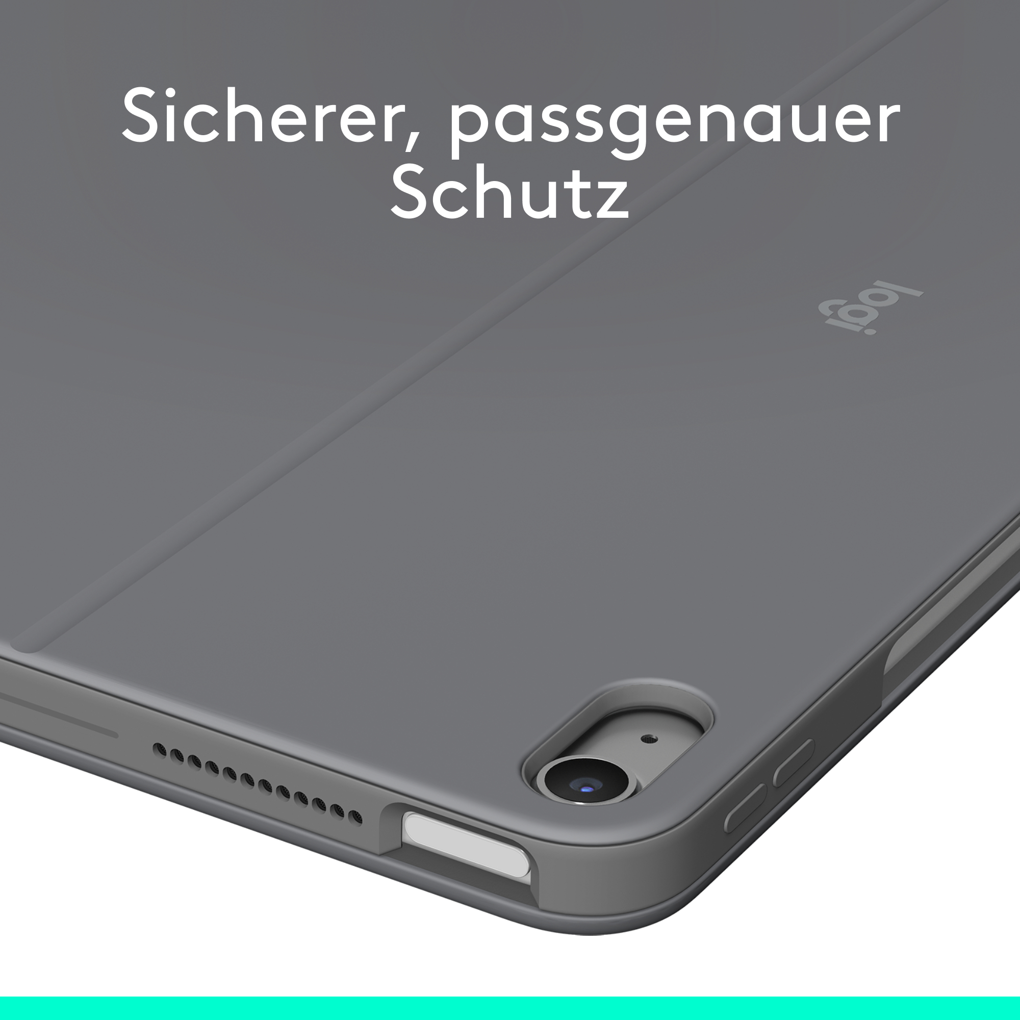 Ein graues Tablet mit Kamera und dem Text "Sicherer, passgenauer Schutz".